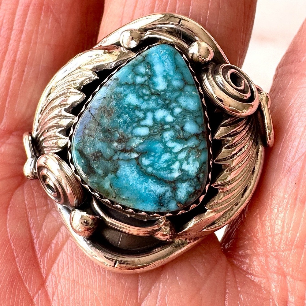 Navajo Turquoise Mens Ring Sz 10.75 Leaf Feather Signed Morgan Sterling Native